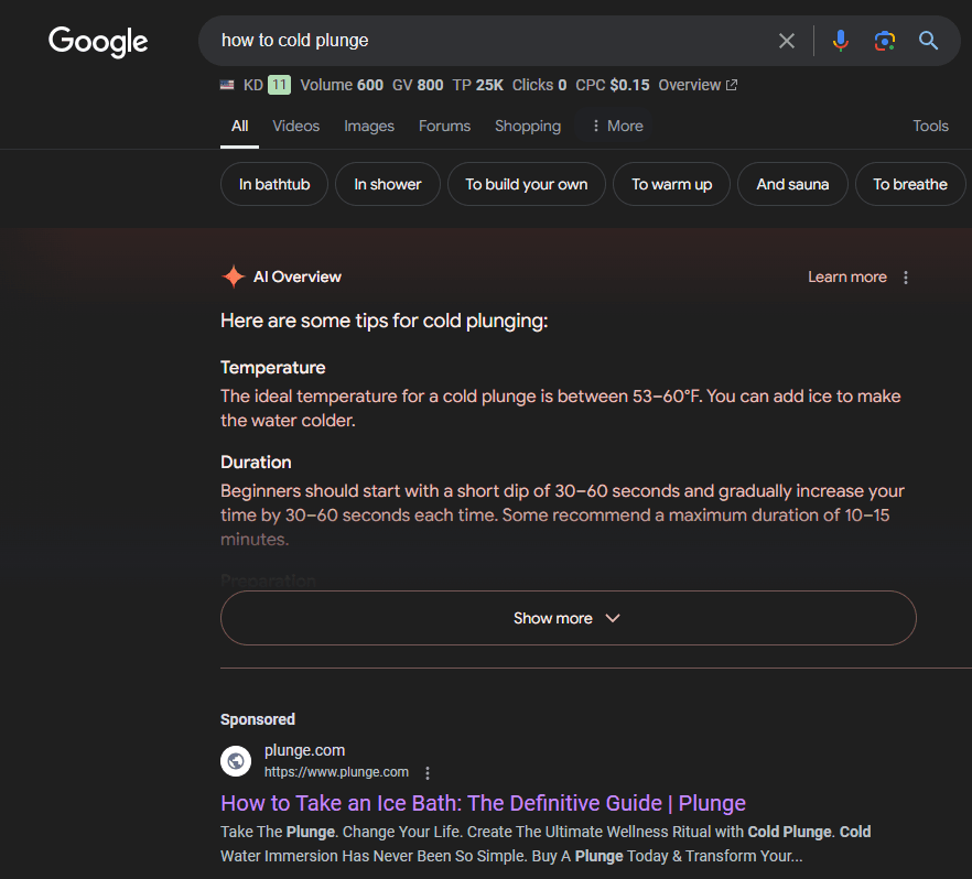 screenshot of AI overview for how to cold plunge